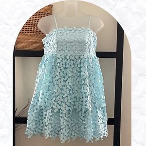 NWT Bardot junior Blue Lace Spaghetti Strap Sleeveless Leaf Mini Dress Size 14